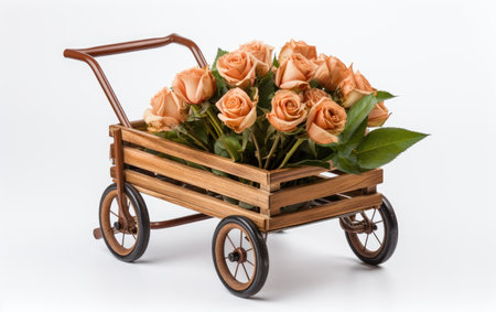 Single Flower Enhances Wooden Rolling Cart Isolated on White Backgroundの素材