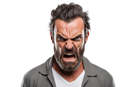 A Close Examination of the Anger Etched on a Man's Face Isolated on White Backgroundの素材
