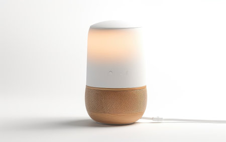 The Artistry of an AI Powered Smart Bedside Lamp in a Clean Isolated Setting Isolated on White Backgroundの素材