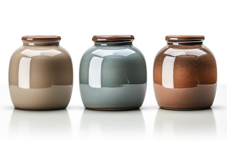 A Glimpse into Ceramic Glaze Jars Craftsmanship Meets Colorful Elegance Isolated on White Backgroundの素材