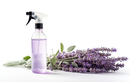 Isolated Lavender-Scented Linen Spray in Focus Isolated on White Backgroundの素材