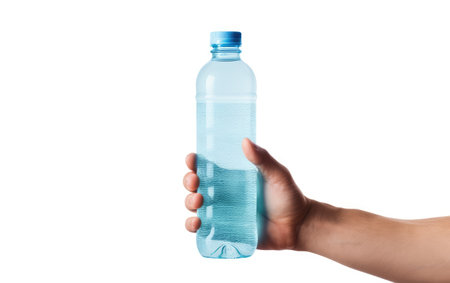 Man's Hand Holding Water Bottle and Towel Isolated on White Backgroundの素材