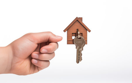 Isolated View of Man Holding House Key Isolated on White Backgroundの素材