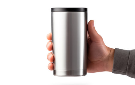 Isolated View of Man Holding Travel Mug Isolated on White Backgroundの素材