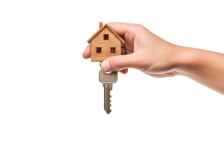 Man's Hand Holding House Key Isolated Isolated on White Backgroundの素材