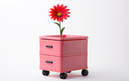 A Visual Delight of a Plastic Storage Drawer Cart with a Single Floating Flower Isolated on White Backgroundの素材