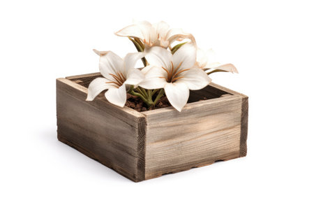 A Glimpse into the Artistic Brilliance of a Rustic Wooden Crate with a Single Flower Isolated on White Backgroundの素材
