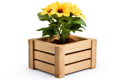 A Snapshot of Wooden Crate Bookshelf Highlighting the Flower Isolated on White Backgroundの素材