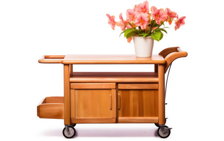 Engaging with Wooden Rolling Kitchen Cart Featuring a Single Isolated on White Backgroundの素材