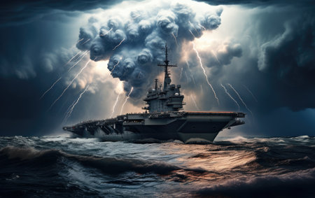 Massive Ship Enduring a Roiling Ocean Thunderstormの素材