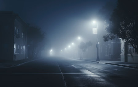A Foggy Street Lost in the Intriguing Embrace of Nightの素材