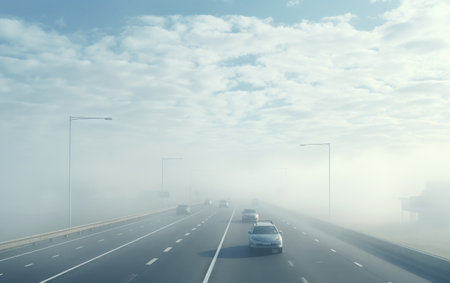 A Roadway Lost in the Whispering Grasp of Traffic Fogの素材