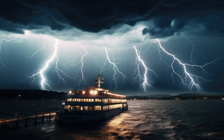 A Thunderstorm Unleashing Fury Over a Navigating Ferryの素材