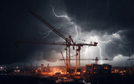 A Thunderstorm Unleashing Fury Over a Towering Craneの素材