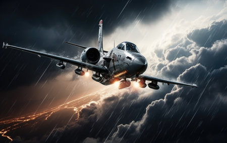 A Thunderstorm Unleashing Fury Over a High flying Jetの素材