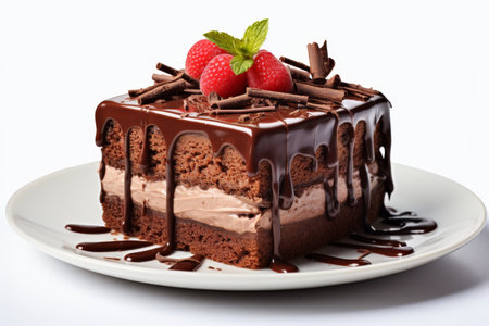 Chocolate Cake on White Plate. A piece of chocolate cake sits on a pristine white plate. The rich, decadent cake is topped with a glossy chocolate ganache, inviting a delicious indulgence. On PNG Transparent Clear Background..の素材