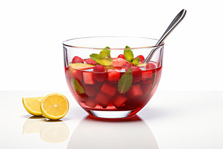 A Bowl of Fruit With a Spoon. A ceramic bowl filled with a variety of fresh fruits like apples, oranges, bananas, and grapes. A stainless steel spoon is resting in the bowl, ready for someone to enjoy a healthy snack. On PNG Transparent Clear Background..の素材