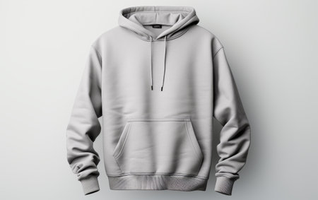 Gray Hoodie. A gray hoodie is unzipped, showing the hood and drawstrings. On PNG Transparent Clear Background..の素材