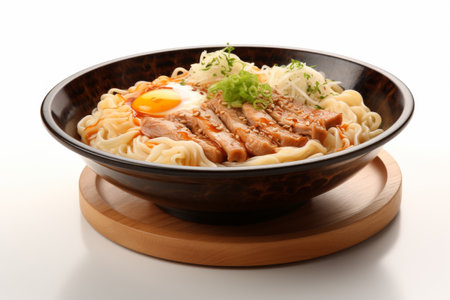 Bowl of Noodles With Meat and Egg. A bowl filled with noodles topped with slices of meat and a perfectly cooked egg. On PNG Transparent Clear Background..の素材