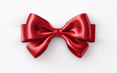 Red Bow. A vibrant red bow is neatly tied and perfectly symmetrical, adding a pop of color to the simple backdrop. On PNG Transparent Clear Background..の素材
