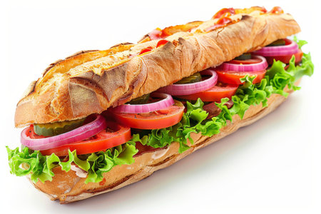 Fresh Sub Sandwich With Lettuce, Tomato, and Onion. A sub sandwich with a generous amount of freshly sliced lettuce, ripe tomato slices, and crisp onion rings. On PNG Transparent Clear Background..の素材