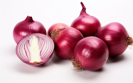Stack of Red Onions. A group of red onions positioned closely together, forming a neat and orderly pile. On PNG Transparent Clear Background..の素材