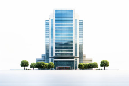 Tall Building With Trees in Foreground. The buildings modern facade contrasts with the natural greenery, creating a striking urban nature juxtaposition. On PNG Transparent Clear Background..の素材