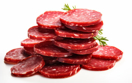 A stack of thinly sliced salami arranged neatly, The slices of cured meat are uniform in shape, showcasing their rich, marbled texture and color variations. On PNG Transparent Clear Background..の素材