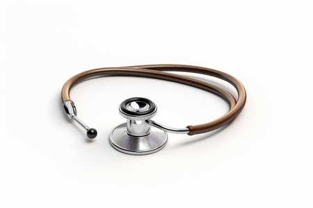 Stethoscope With Brown Leather Strap. The stethoscope appears to be well maintained and ready for clinical examination. On PNG Transparent Clear Background..の素材