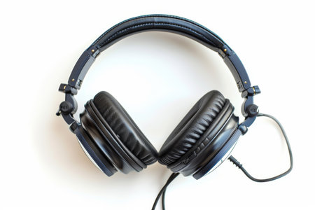 A pair of headphones are neatly stacked on top of each other. The black colored headphones are resting on a flat surface, showcasing their sleek design. On PNG Transparent Clear Background..の素材
