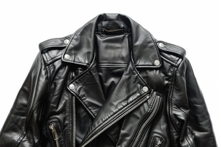 Black Leather Jacket. A black leather jacket is well crafted with visible stitching and silver hardware. The garment exudes a robust and stylish appearance. On PNG Transparent Clear Background..の素材