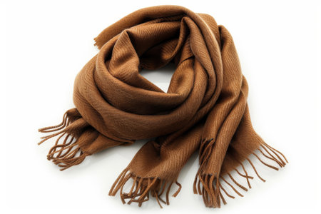Brown Scarf. A brown scarf is soft and textured, with visible knitted patterns. It is simple yet elegant, adding warmth and style to any outfit. On PNG Transparent Clear Background..の素材