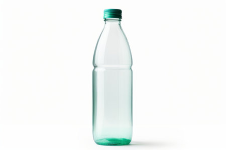 Bottle of Water. A transparent plastic bottle filled with water stands upright. The bottle is simple in design with a screw on cap. On PNG Transparent Clear Background..の素材
