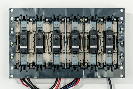 A circuit board is shown with a myriad of wires connected to various components. The intricate network of wires suggests a complex electronic system in operation. On PNG Transparent Clear Background..の素材