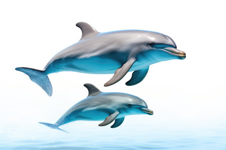 Two Dolphins Swimming Together. Two dolphins are seen swimming side by side in the clear blue ocean, their sleek bodies gliding effortlessly through the water. on White or PNG Transparent Background.の素材