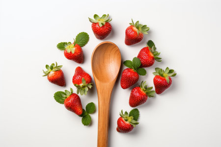 Wooden Spoon With Strawberries. A close up of a wooden spoon filled with fresh strawberries showcasing the red berries neatly arranged on the spoon surface. The ripe strawberries glisten in the light.の素材