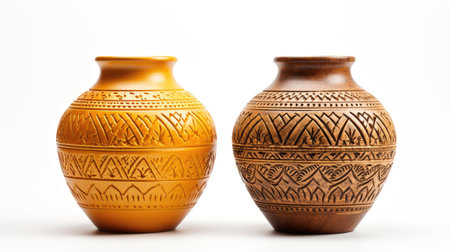 Two Ceramic Vases Placed Next to Each Other. Two ceramic vases of different sizes and designs are positioned side by side on a wooden shelf. on White or PNG Transparent Background.の素材