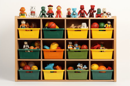 Wooden Shelf Filled With Lots of Toys. A wooden shelf is lined with a wide variety of toys, from action figures and stuffed animals to building blocks and board games.の素材