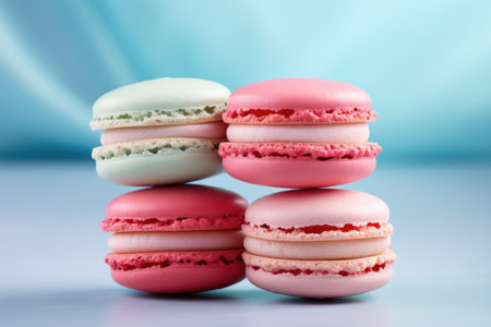 Stack of Macaroons. A neat stack of colorful macaroons sits delicately on top of each other showcasing their smooth and vibrant shells. Each macaroon appears perfectly crafted and ready to be enjoyed.の素材