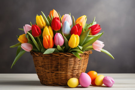 A Basket Filled With Colorful Tulips. A woven basket brimming with a variety of vibrant tulips in hues of red pink yellow orange and purple. on White or PNG Transparent Background.の素材