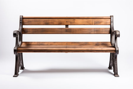 Wooden Bench. The bench has a traditional design with straight legs and a solid seat. The white background contrasts sharply with the dark wood of the bench, creating a clean and minimalist look.の素材