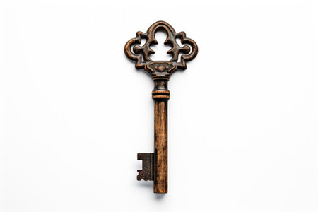 Antique Key With Wooden Handle. An old key with a wooden handle is displayed on a white background. The key features intricate designs and shows signs of aging. on White or PNG Transparent Background.の素材