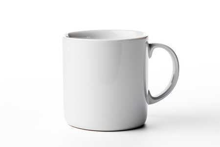 White Coffee Mug. A white ceramic coffee mug sits on a plain white background. The mug is clean and simple in design, with a handle on one side. Light reflects off the smooth surface of the mug.の素材