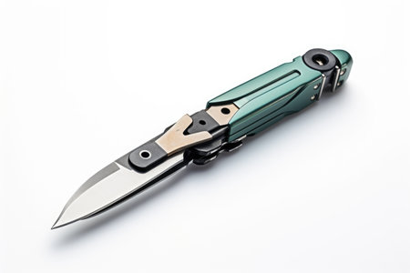 Green Knife With Black Handle. A green knife with a black handle is positioned on a clean white background. The knife blade gleams, contrasting sharply with the handles dark color.の素材