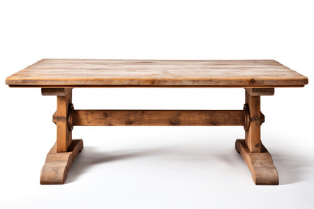 Wooden Table. A wooden table is placed on top of a plain white background. The table appears sturdy and well crafted, with visible grains and a smooth finish. on White or PNG Transparent Background.の素材