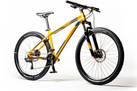 Yellow Mountain Bike. A bright yellow bike stand against a clean white background. The bikes frame tires handlebars and pedals are clearly visible showcasing its vibrant color and rugged design.の素材