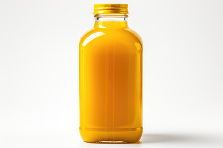 Bottle of Orange Juice. A single bottle of orange juice is placed on a plain white background showcasing the color of the liquid and the label on the bottle. The bottle is upright and the cap closed.の素材
