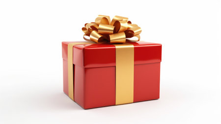 Red Gift Box With Gold Bow. A red gift box with a shiny gold bow sits on a flat surface. The box is closed and appears to be a standard rectangular shape. on White or PNG Transparent Background.の素材