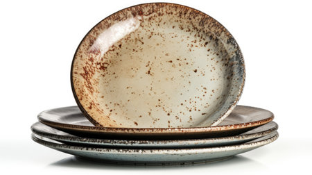A stack of plates, each one on top of the other, creating a tall tower-like structure. The plates are white with a simple design, reflecting light.の素材