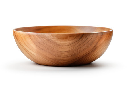 Wooden Bowl on White Surface. A wooden bowl sits on a clean white surface creating a simple and minimalist composition. The bowl stands out against the plain background showcasing its natural texture.の素材